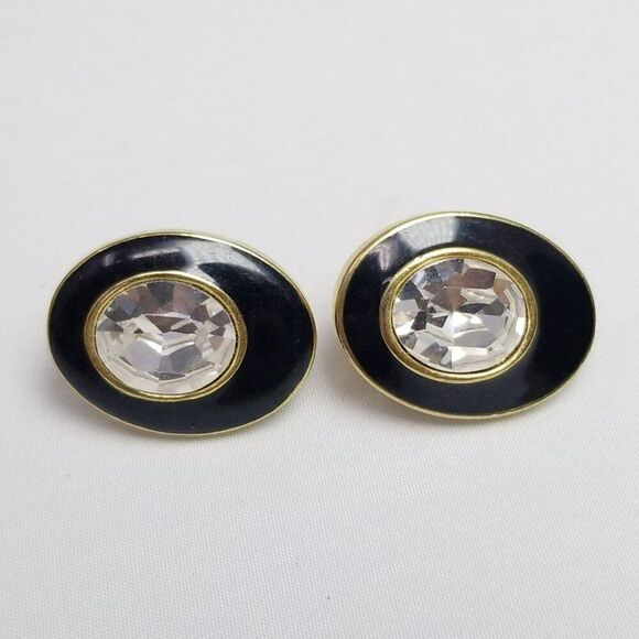 Vintage Trifari Oval Stud Earrings, Black Enamel Rhinestone Center Signed Estate - Picture 7 of 7